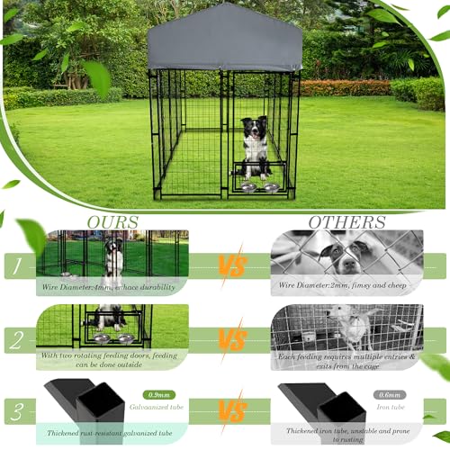 Grepatio Outside Dog Kennel for Large Dogs, 8x4x5.7 FT Outdoor Dog Kennels with Waterproof, Heavy Duty Dog Enclosure with 2 Rotating Dogs Bowls, Dog Run Playpen Fence with Secure Lock