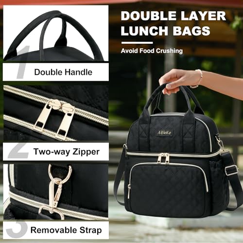 AIJIEKE Large Insulated Lunch Bag for Women, Double Compartment Leakproof Lunch Box for Work Office, Reusable Cooler Tote with Adjustable Strap & Side Pockets for Adults Picnic Beach, Black - color: Black