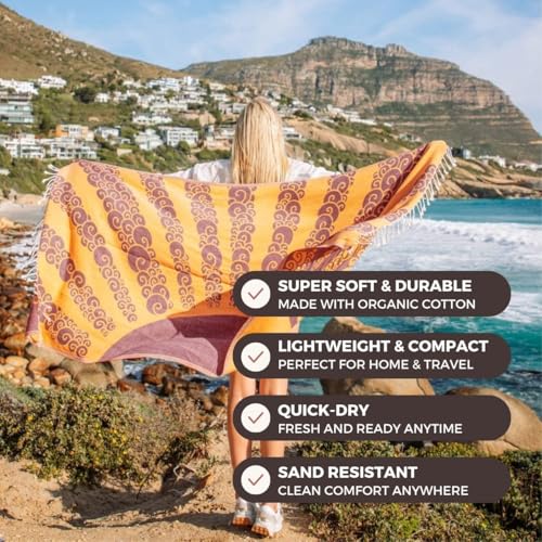 FESHKA Sand Free Turkish Beach Towel (37 x 67) Quick Dry Bath Towel, Oversized Beach Blanket, Lightweight for Travel - Made with 100% Organic Turkish Cotton - Golden Hour (Yellow/Maroon) - color: 23 - Yellow/Maroon