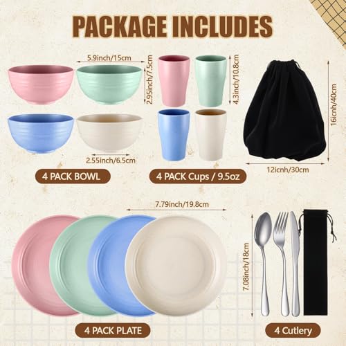 Teenyyou 4 Sets Camping Mess Kits for 4 Person Camping Silverware Set Include Cup, Bowl, Plate, Knife, Spoon, Fork Cutlery Set Unbreakable Wheat Straw Dinnerware Utensils for Travel - color: Pastel Color