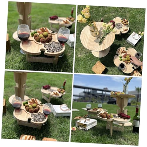 Ciieeo Portable Foldable Wood Wine Desk Outdoor Picnic Beverage Table Small Beach Camping Side Table with Tray 35cm Diameter for Travel BBQ and Lawn Use