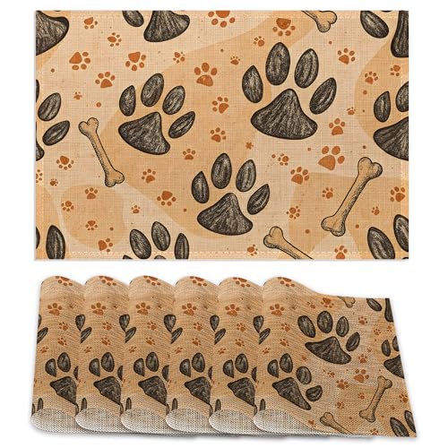 Dog Paws Placemats Set of 6,Bones Table Mates Non-Slip Heat Resistant Washable Linen Place Mats for Party Kitchen Dining Decoration Indoor Outdoor 12"x18" - color: Dog Paws,bones