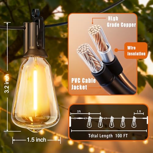 GUNABAY Outdoor Solar String Lights with Remote -100FT Wire and 50+1 LED shatterproof Bulbs,dimmable Waterproof Fairy Lights for Patio, Garden, Yard, Balcony & Party Decor - size: 100