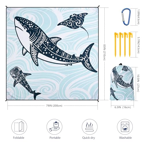 HIHOHO Beach Blanket Waterproof Sandproof Beach Mat 79”x 83” for 1-8 Adults Quick Drying Durable Outdoor Picnic Mat for Beach Festival Travel Camping Hiking (Shark, 79"×83"(4 Person)) - color: Bl-shark, size: 6'11" x 6'7"