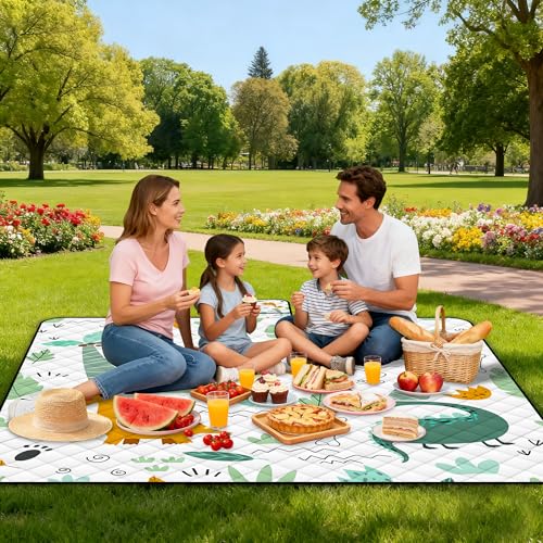 Extra Large Picnic Blanket Waterproof,80"x 80"Foldable Machine Washable Beach Blanket,Outdoor Blanket for 6-8 Adults,Suitable for Indoor Crawling,Park Beach,Camping,Hiking,Family Travel(Dinosaur) - color: White Dinosaur, size: 6'8" x 6'8" (Square)