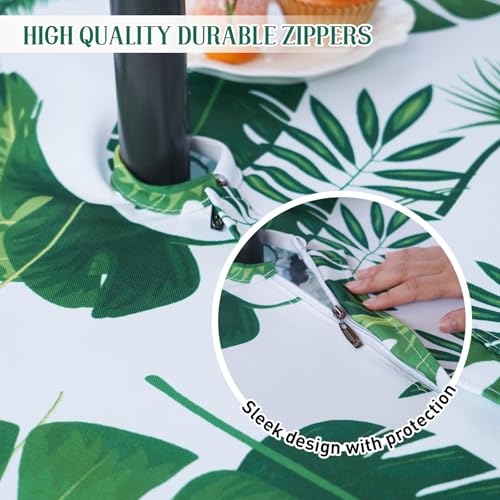 Poise3EHome Outdoor Tablecloth Round with Umbrella Hole Waterproof Tropical Green Tablecloth for Spring Picnic Party Patio Table Camping, Palm Leaf (52" Zipper) - color: Palm Leaf, size: 52" (Round)