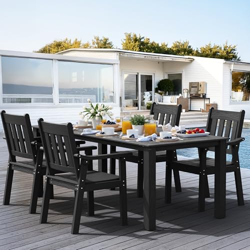 YEFU HIPS Patio Table Set: 5 Piece Outdoor Table and Chairs Dining Furniture Set with Umbrella Hole - Black Modern Plastic Dining Sets 4 Person for Outside Deck with Metal Aluminum Frame - color: Black, size: 5 Piece（Rectangular）