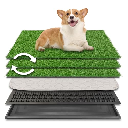 30"x20" Dog Grass Pad with Tray Large for Indoor Puppy PottyTraining with 3PCS Artificial Grass Mats, 1 Washable Pee Pad, Pet Loo Dog Litter Box for Balcony Apartment, 4-Layer System - size: L 30x20x2.8IN-3 Grass Pads