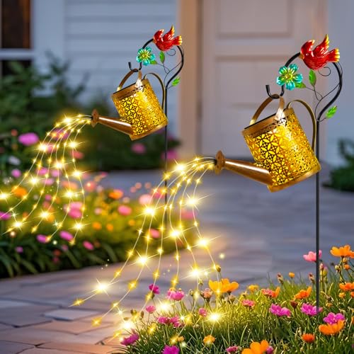 Mothers Day Gifts Solar Lights Outdoor, Watering Can with Cascading Lights, Watering Can with Hook Solar Lantern, Gardening Decor for Yard Patio, Gardening Gifts for Mom Grandma Women (2 Pack) - color: Cardinal Bird, size: 2 Pack