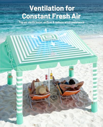 Rhino Valley Beach Cabana, 120 Sq. Ft Beach Canopy UPF50+ Protection, Easy Setup & Adjustable Height Beach Tent Sun Shelter with Cup Holder, Portable for 4-8 People, Light Green & White Stripes - color: Light Green & White Stripes