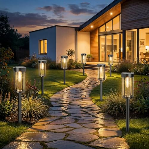 Sparkblaze 12 Pack Solar Pathway Lights Outdoor, Modern Classic Solar Garden Lights, Auto On/Off Landscape Lighting for Yard, Lawn, Patio, Walkway, Waterproof Solar Stake Lights. (12, Warm White)