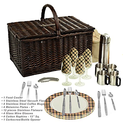 Picnic at Ascot Buckingham Willow Picnic Basket with Service for 4 and Coffee Service - Blue Stripe - color: Brown Wicker- London Plaid Plates/Napkins