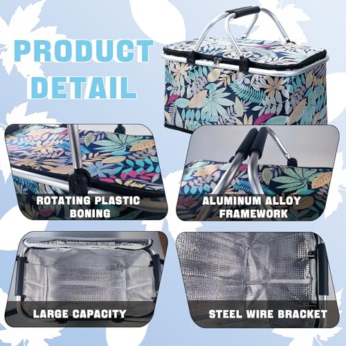 Insulated Picnic Basket for 2, Folding Grocery Basket Insulated Cooler Bag, Collapsible Shopping Baskets with 29L Large Market Basket with Handles for Picnic Travel Food Delivery Market Shopping Blue - color: Blue
