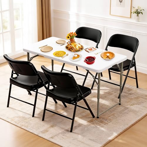 Elevon Folding Table Set with 4 Black Folding Chairs,4 Feet Heavy Duty Fold-in-Half Utility Table Sets for Picnic, Event, Training, Outdoor Activities, at Home and Commercial Use - size: 4 feet, style: With 4 Black Chair