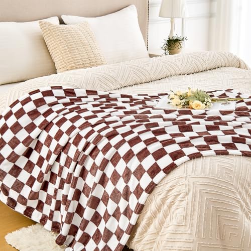 Edenleaf Brown Checkered Blanket, Ultra Soft Cozy Flannel - Checkered Grid Print Throws for Bed Sofa Couch, Luxury Throw Blanket for All Seasons, 50x60 Inch, Brown - color: 01 Brown, size: Throw-50"x60"