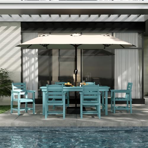 Outdoor HDPE Dining Set 7 Pieces, Patio Table with Umbrella Hole and 6 Chairs, All Weather Patio Furniture for Lawn, Garden, Backyard, Deck, Poolside, Outdoor Dining Table and Chairs, Aruba Blue - color: Aruba Blue, size: 7-Piece (1 Table + 6 Chairs)