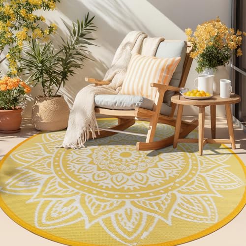 Round Outdoor Rug 6ft Waterproof Reversible Boho Plastic Straw Patio Deck Camping Rugs, Indoor Outdoor Portable RV Mat Carpet for Outside, Porch, Balcony, Backyard, Beach, Pool, Yellow - color: Yellow, size: Round 6ft