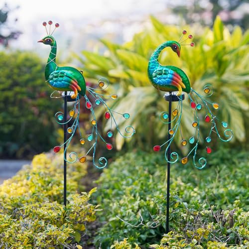 DREAMSOUL 2 Pack Peacock Solar Lights Outdoor, Tall Waterproof LED Outdoor Solar Lights for Yard Pathway Peacock Decor - color: orange-2pack