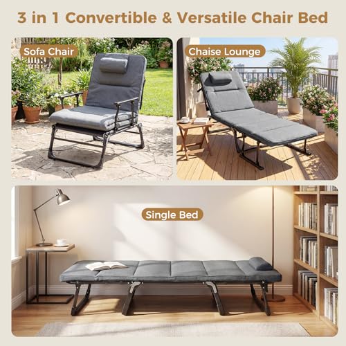 Tangkula Lounge Chair Outdoor with Cushion, 3 in 1 Convertible Outdoor Indoor Heavy Duty Folding Chaise Lounge Chair with 6-Position Adjustable Backrest & Flip-up Pillow (1,Gray)