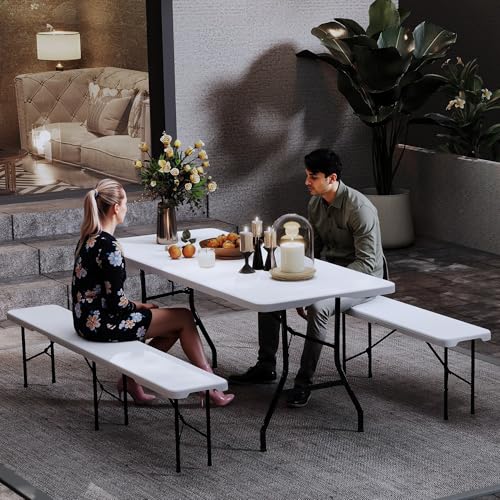 Real Relax 6' Picnic Table with 2 Benches, 3 Piece White Portable HDPE Folding Camping Table and Benches for Courtyard, Garden, Outdoor Leisure, Party - color: White
