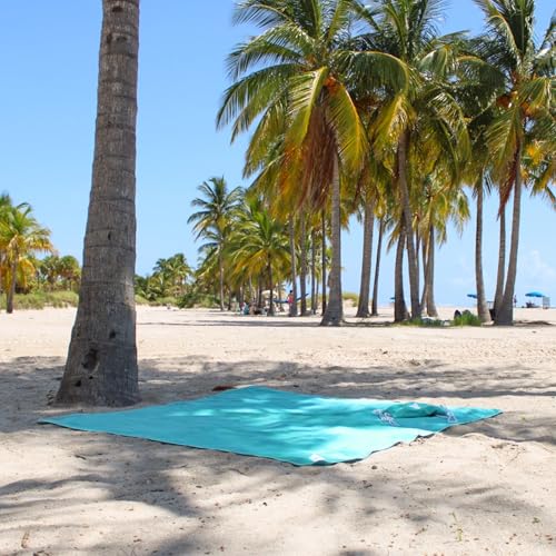 Plush Microfiber Beach Blanket, Large Beach Mat for 1-4 Persons, Sandproof, Windproof | Hole for Umbrella, Corner Sand Pockets to Fight Wind (Bag for Blanket Included) - color: Teal & Dots, size: Large