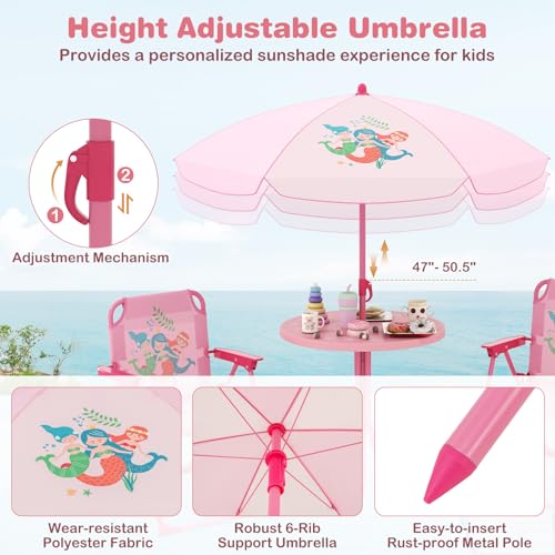 Costzon Kids Picnic Table, Kids Outdoor Table with 2 Folding Chairs, Height Adjustable Umbrella, Portable Children Outdoor Furniture for Patio, Garden, Backyard (Pink) - color: Pink Mermaid