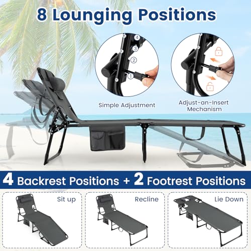 COSTWAY Tanning Chair with Face Hole, Folding Beach Lounge Chair with 4-Position Adjustable Backrest, Pillow & Side Pocket, Foldable Chaise Lounge Chair Outdoor for Sunbathing, Camping (1, Grey) - color: Grey