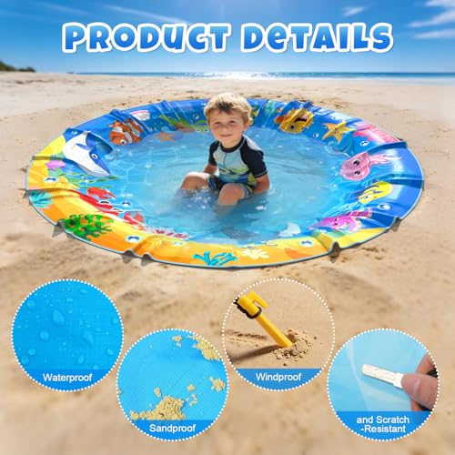 4.9 X 4.9 Feet Baby Beach Pool, Waterproof Beach Pool Blanket for Toddler, 2 in 1 Toddler Paddling Pool with Carrying Bag, Collapsible Beach Puddle Mat for Boys Girls Kids Infant Outdoor Beach Toys - color: Blue-3