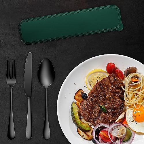 Portable Cutlery Set With Case - 18/8 Stainless Steel Spoon and Fork for Lunch Box, 3 PCs Silverware Ideal for Travel, Camping, Office - color: Black+Green - 3 PCs
