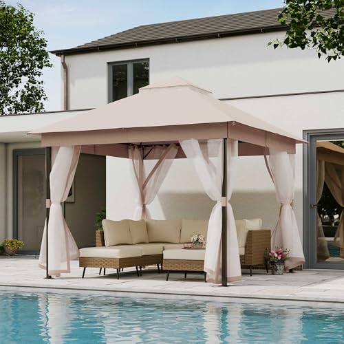 LAUSAINT HOME 10' X 10' Waterproof Patio Gazebo with Mosquito Netting, Double Roof Outdoor Gazebo Pavilion Shelter for Backyard, Garden, Lawn, Wedding (Khaki) - color: Khaki, size: 10'x10' w/o curtains