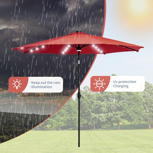 GDY 10Ft Patio Umbrella, Table Umbrella with 40 LED Lights, Outdoor Umbrellas for Patio, with Tilt and Crank, Center Light, for Garden, Deck, Backyard, Pool, and Beach. - color: Red