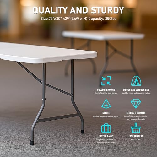 6FT Heavy Duty Folding Table, Portable Plastic Utility Table with Locking Legs & Handle, Indoor Outdoor Commercial Table for Watch Party, Tailgate, BBQ, Camping, Events, Backyard Dining White | Heavy Duty, Portable, Indoor/Outdoor, Plastic Table, for Part