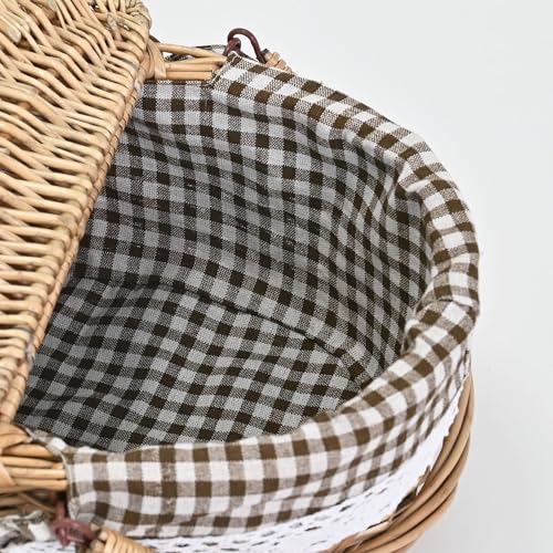 Wicker Picnic Basket with Lid and Handle Sturdy Woven Body with Washable Lining,Coffee Grids - color: Coffee Grids