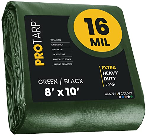 Extra Heavy Duty 16 Mil Tarp Cover, Waterproof, UV Resistant, Rip and Tear Proof, Poly Tarpaulin with Reinforced Edges for Roof, Camping, Patio, Pool, Boat. (Green/Black 8′ X 10′) - color: Green/Black-16 Mil, size: 8′ X 10′