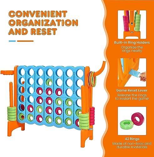 AKUSTIK Giant Connect Game Outdoor, 4 in a Row Jumbo 4 to Score for Kids Adults Family Party Yard Lawn, Large Connect Game with Quick Release Slider 42 Jumbo Rings - color: Orange