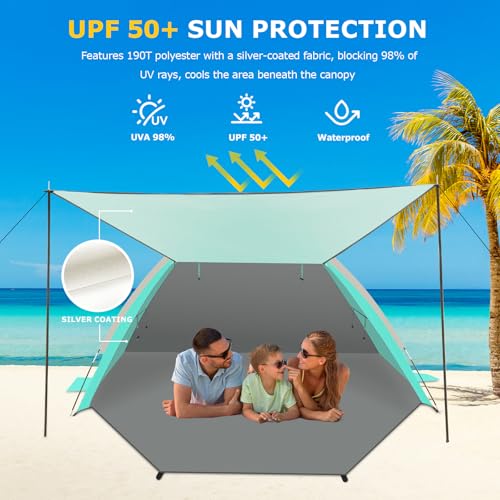 Gorich Beach Tent with Canopy - Easy Setup 3-4/5-6/7-8 Person Portable Sun Shelter, UPF 50+ UV Protection Sun Shade, Lightweight & Compact Beach Cabana for Family Travel - color: Turquoise, size: 5-6 Person
