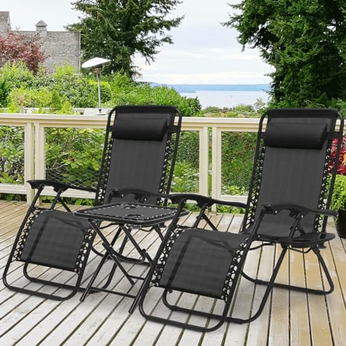 Athena Collection Zero Gravity Outdoor Lounge Chair Set of 2 with Side Table, 29" Width Pool Lounge Lawn Chairs Reclining with Cup Holder, Outdoor Chaise for Beach Patio Backyard Outside, Blue - color: Black, style: 29" Width