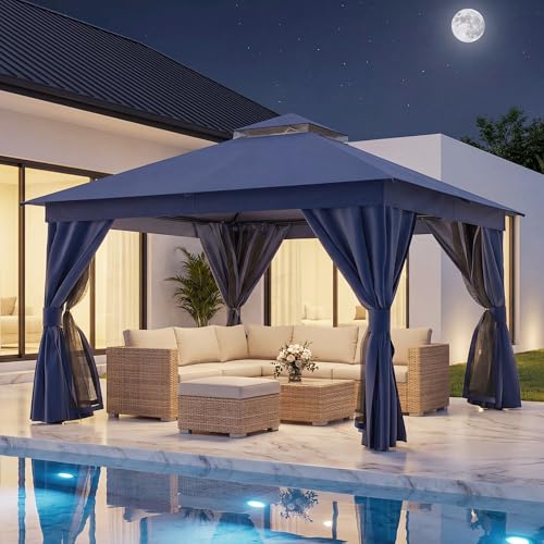 LAUSAINT HOME 12'x12' Outdoor Patio Gazebo, Heavy Duty Party Tent & Shelter with Double Roofs, Mosquito Nettings and Privacy Screens for Backyard, Garden, Deck (Navy Blue) - color: Navy Blue, size: 12'x12'
