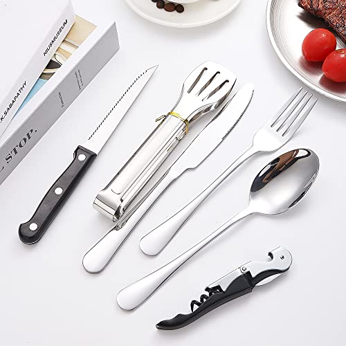 Camping Silverware Silver Picnic Plates and Utensils Set for 4 Portable Tableware Stainless Steel Dinnerware 20 Pieces With Organizer Bag Reusable Durable - size: 20, style: Silver Camping Flatware