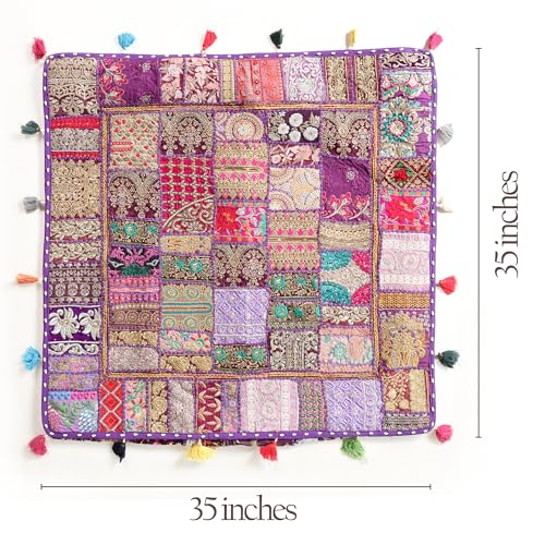 THE ART BOX Cotton Patchwork Vintage Boho Embroidered Floor Pillows & Cushion Cover Dog Pouf Seating Pouf Meditation Pillow Pet Bedding Cat Bed Boho Home Décor (35x35 Inches, Cover Only) - color: Purple