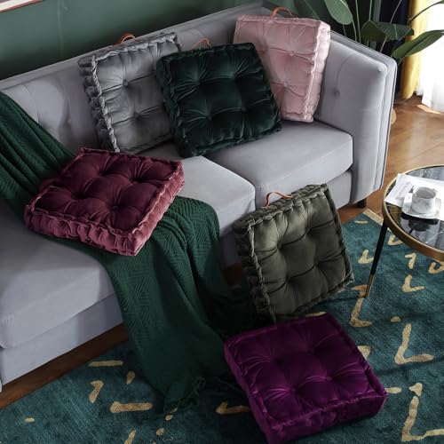 vctops Christmas Square Solid Color Velvet Seat Cushion with Handle Tufted Thicken Chair Pad Tatami Floor Pillow Cushion 16.5"x16.5"x4" Red - color: Red
