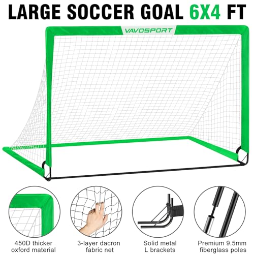 VAVOSPORT Soccer Goal, 2 of 6'x4' Kids Soccer Goals for Backyard Set, Portable Pop Up Soccer Net, Practice Soccer Training Equipment with Ball, Cones for Toddler,Youth Sports Outdoor Games Yard Play - color: Green