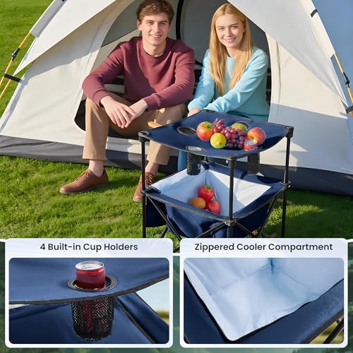 Portable Outdoor Folding Camping Table with 4 Cup Holders & Cooler Compartment, Waterproof Picnic Table for Picnic, BBQ, Beach, Hiking (Dark Blue, 1 PCS) - color: Dark Blue