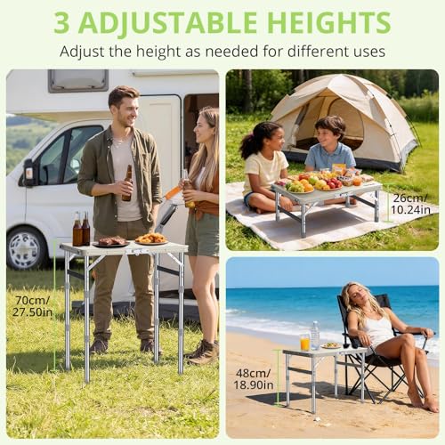 2ft Plastic Folding Camping Table, 3 Adjustable Height Waterproof Small Folding Table Lightweight & Portable with Carry Handle for Outdoor Camping RV Travel Picnic Beach, 22.8" X 15.7", White - color: White