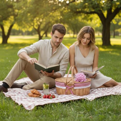 Wicker Picnic Basket with Lid and Handle Sturdy Woven Body with Washable Plaids Liner,Red - color: Red Check