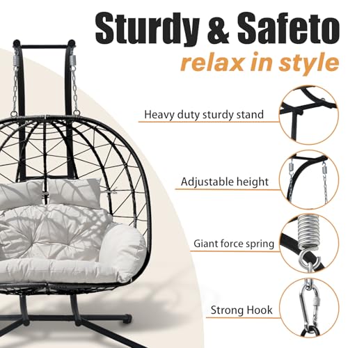 Double Egg Swing Chair with Stand - 2 Person Hammock Egg Chair for Outdoor, Patio, Garden & Balcony - Heavy-Duty Steel Frame, All-Weather Pe Rattan & Uv-Resistant Cushions (Black) - color: Black