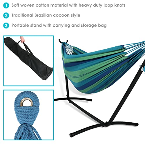 Sunnydaze Double Brazilian Hammock with Stand and Carrying Case - 400-Pound Capacity - Black Stand - Beach Oasis - color: Beach Oasis