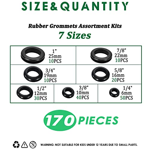 EASYEAH 170 Pcs Rubber Grommet Assortment Kit for Wiring Assorted 7 Sizes 1/4 3/8 1/2 5/8 3/4 7/8 1 Inch Round Hole, O Ring Eyelet Cable Hole Plug Set, Firewall Automotive Electrical Wire Gasket - style: 7 Sizes-170 pcs, Hole