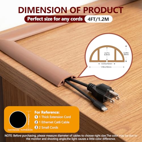 4FT Floor Cord Cover,Brown Cable Protector,Self Adhesive Hide Extension Cords,Prevent Cable Trips for Offices, Gyms,Cavity: 0.39"(W) x 0.27"(H) - size: 4FT brown