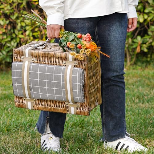 Wicker Picnic Basket for 2 - Willow Basket with Waterproof Picnic Blanket | Willow Picnic Set with Insulated Cooler | Wicker Hamper with Cutlery Kit | Gift Basket for Christmas, Thanks Giving, Grey - color: Grey Check